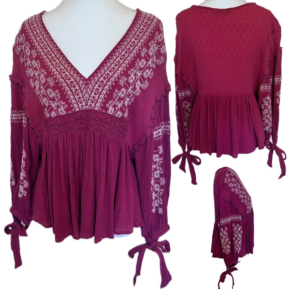 American Eagle Peasant Boho Embroidery Pink Balloon Sleeves v neck Sz Small